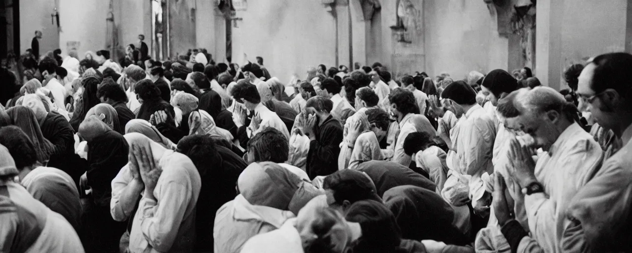 Prompt: a jewish synagogue with people praying next to spaghetti, canon 5 0 mm, cinematic lighting, photography, retro, film, kodachrome, closeup