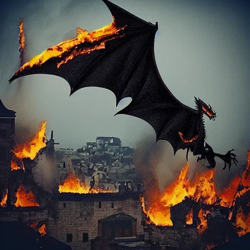 Prompt: “A black dragon flying over a burning medieval city”