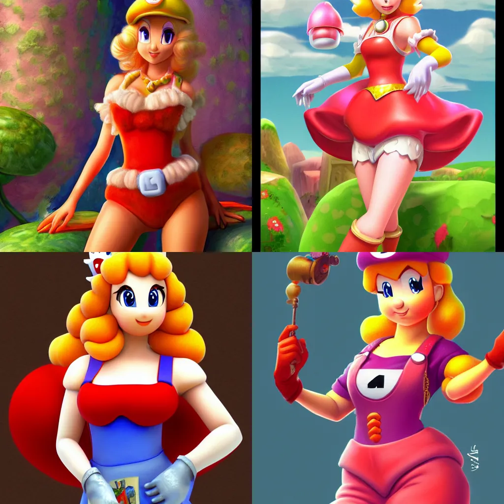 Image similar to princess peach in super marios overall, fantasy art, highly detailed, trending on artstation