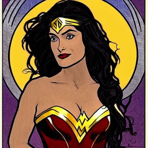 Image similar to salma hayek as wonder woman, mucha style