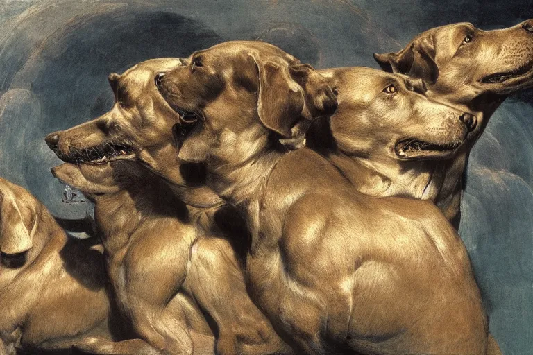 Image similar to hyperdetailed matte art of a three headed dog cerberus by william blake, ilya repin, amano, rene magritte, craig mullins, three headed dog cerberus, details