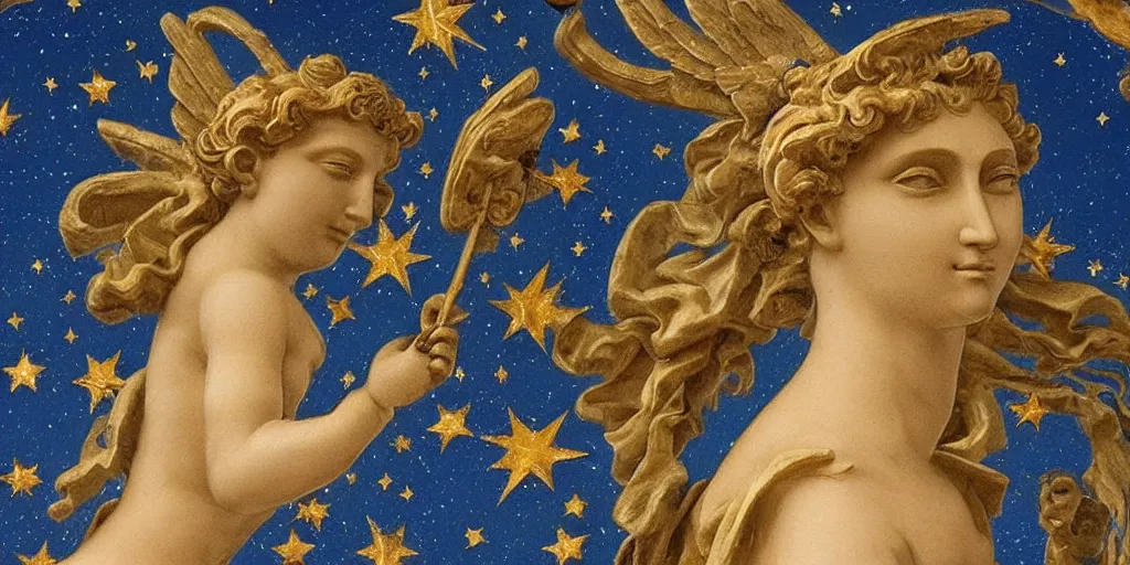 Prompt: sistina saint Woman Venus Athena beautiful gracious pagans rococo marble and gold in space stars clouds winged butterflies greeks