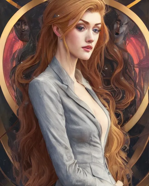 Image similar to katherine mcnamara wearing a golden dress, grey hair, red necktie, cinematic, stunning, highly detailed, digital painting, artstation, smooth, hard focus, full body shot, illustration, art by artgerm and greg rutkowski and alphonse mucha