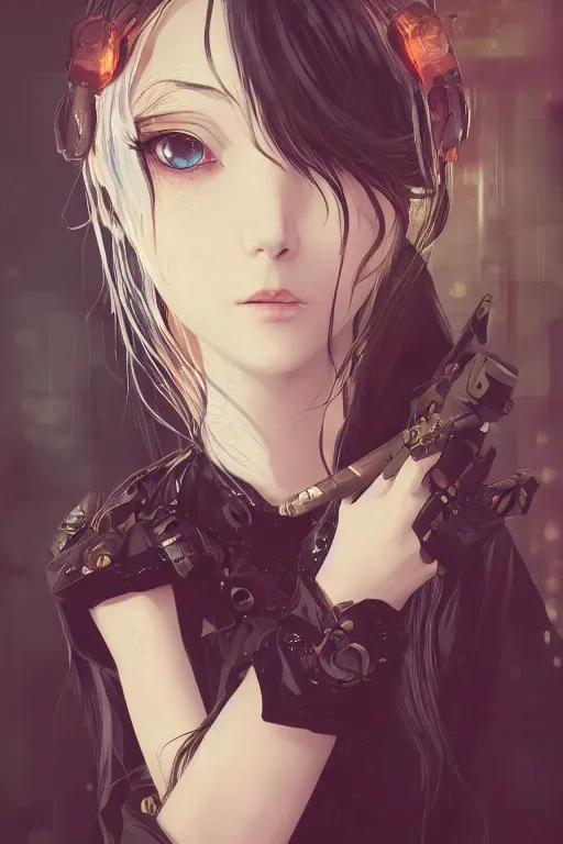 Image similar to portrait of beautiful young gothic anime maiden, cute-fine-face, pretty face, realistic shaded Perfect face, fine details. Anime, cyberpunk, Warhammer, highly detailed, artstation, illustration, art by Ilya Kuvshinov and Gustav Klimt