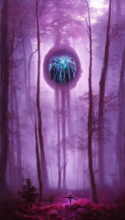 Image similar to Hyper realistic oil painting of a future sci-fi ancient god on the middle of a purple forest holding a portal that's about to explode, fog, volumetric lighting, nighttime, moonlight, by Greg Rutkowski and Diego Velázquez