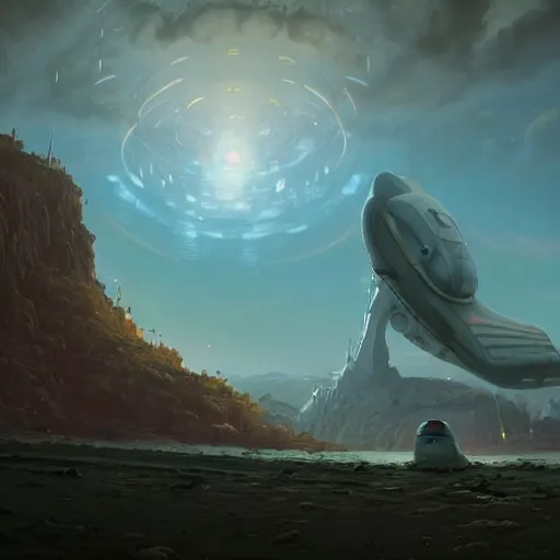 Image similar to a digital painting of a person looking up at a gigantic big enormous ufo spaceship in the sky on earth concept art by simon stalenhag and peter mohrbacher cgsociety, speedpainting, apocalypse art. unreal engine. hyper - realistic. photo realistic. 3 d render. octane render. detailed masterpiece. extreme wide shot.