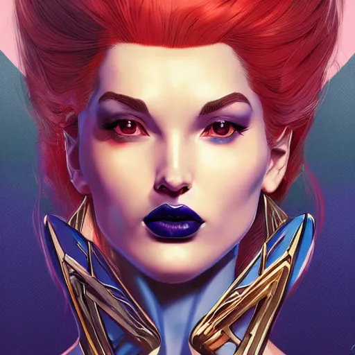 Image similar to portrait of beautiful Mystique from X-Men, League of Legend illustration by Ilya Kuvshinov:2, profile picture by Gil Elvgren:2, asymmetrical, Organic Painting, Ambient Occlusion:3, Matte Painting, bold shapes, hard edges, street art, trending on artstation, realistic:2 by Sachin Teng:5