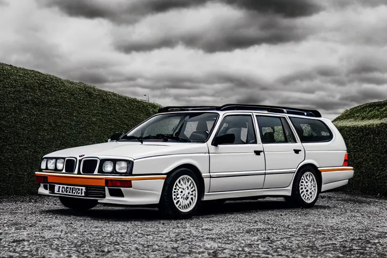 Prompt: 1995 Lancia Delta Integrale BMW M1 estate wagon, XF IQ4, 150MP, 50mm, F1.4, ISO 200, 1/160s, natural light, Adobe Photoshop, Adobe Lightroom, photolab, Affinity Photo, PhotoDirector 365