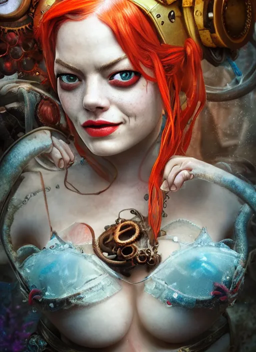 Image similar to underwater steampunk portrait of emma stone as harley quinn, octopus, hyper detailed, digital art, cinematic lighting, studio quality, smooth render, unreal engine 5, octane rendered, art style by klimt and nixeu and ian sprigger and krenz cushart.