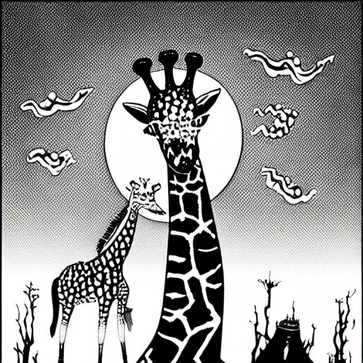 Image similar to black and white trippy comic art of a giraffe being abducted by ufo, lots of particles, drawn by Martin Rowson, Tim Burton, Studio Ghibli, Alex Pardee, Nekro Petros Afshar, James McDermott, cgsociety 4K