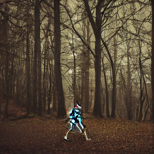 Image similar to a mysterious photography of a skeleton walking in a wood, hyper detailed, dark, 8 k, hd,