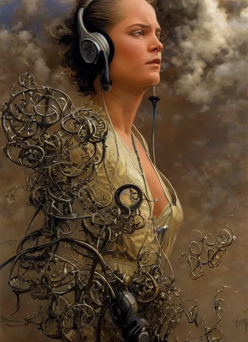 Image similar to A telemarketer walking out of of misty steam clouds, intricate, elegant, highly detailed, donato giancola, Joseph Christian Leyendecker, WLOP, Boris Vallejo, Artgerm