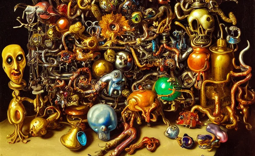 Prompt: disturbing colorful oil painting dutch golden age vanitas still life deep perspective with bizarre recursive humanoid faces strange beautiful flowers metal objects shiny gooey surfaces shiny metal bizarre insects rachel ruysch dali todd schorr very detailed perfect composition rule of thirds masterpiece canon 5 0 mm, cinematic lighting, chiaroscuro