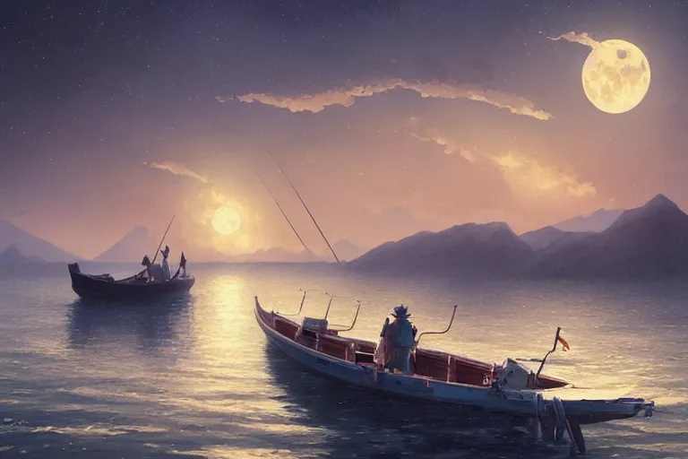 Prompt: a highly detailed matte painting of a fishing boat on lake under moon and stars by studio ghibli, makoto shinkai, by artgerm, by wlop, by greg rutkowski, volumetric lighting, cyberpunk, octane render, 4 k resolution, trending on artstation, masterpiece