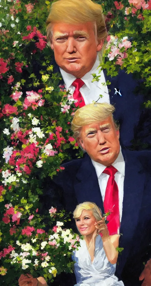 Image similar to romantic portrait of donald trump in an elegant dress surrounded by beautiful flowers, by gregory manchess, james gurney, james jean