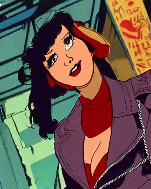 Prompt: portrait of an attractive young female protagonist wearing leather jacket, center focus, in city street, frank miller, ralph bakshi