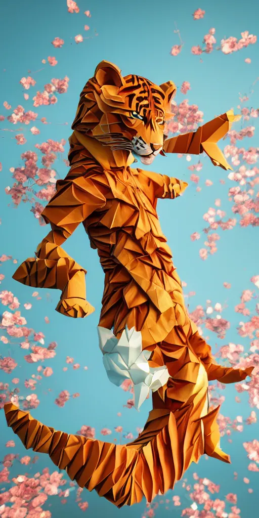 Image similar to <https://s.mj.run/fYu46ryI1Y0> a metropolis made out of origami paper, anthropomorphic tiger woman wearing a flowing tiffany-colored dress, paper origami, many origami sakura flowers, heavenly light, 3D, very detailed, octane render, trending ArtStation, artgem
