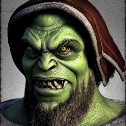 Prompt: warcraft 3 orc peon, kubrick stare, unsettling, photorealistic