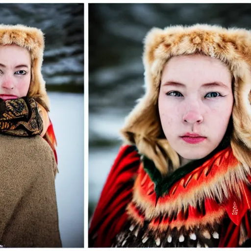 Image similar to symmetry!! portrait photograph of an extremely beautiful!!!! young blonde female with symmetric face. with a very detailed barn owl!!!!! on her shoulder. wearing traditional greenlandic national costume or kalaallisuut. in iceland. petzval lens. shallow depth of field. polaroid featured on flickr, art photography,