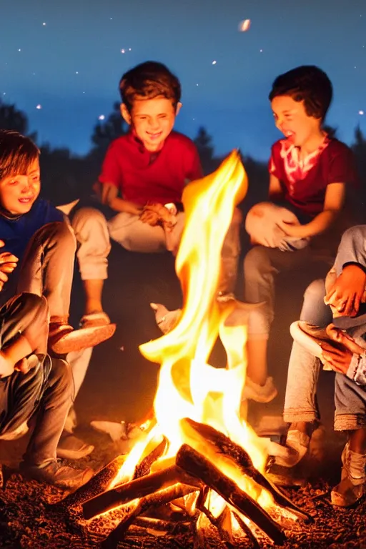 Prompt: little kids sitting around a campfire at night roasting marshmallows, highly detailed,