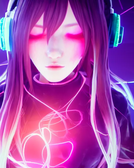 Image similar to beautiful portrait of a woman with pastel long hair with her eyes closed facing the camera centered with studio headphones on in the style of a code vein character, momo from twice in code vein in the style of WLOP, artgerm, yasutomo oka, rendered in unreal engine and redshift octane , background is surrounded by epic neon glitch effect digital art dynamic dramatic lighting, soft lighting, imagine fx, artstation, cgsociety, by Bandai Namco artist,