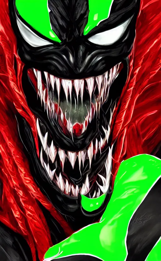 Prompt: portrait of venom as the green goblin, black and red, dynamic lighting, cinematic, ultra detailed, trending on art station, stunning visuals, creative, fantasy concept art