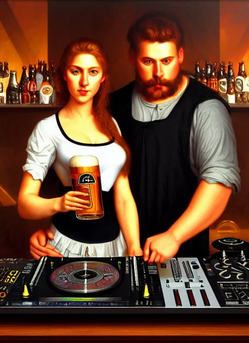 Image similar to image of large pint of beer and large technics dj table front of picture, in the backround man and a woman, dark backround, highly detailed, digital illustration, trending in artstation, modern painting, smooth, sharp focus, intricate, einar jonsson and bouguereau