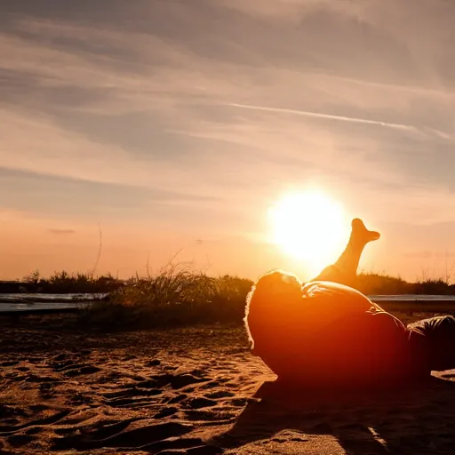 Prompt: obese man falls over at sunset