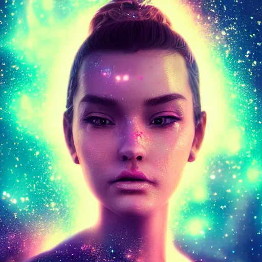 Image similar to beautiful girl galaxy background, portrait character concept style trending on artstation concept art detailed octane render cinematic photo - realistic 8 k high detailed