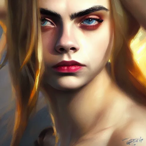 Prompt: cara delevingne, full body portrait colorful oil painting by greg rutkowski, charlie bowater, yuumei, yanjun cheng, unreal 5, daz, hyperrealistic, octane render, rpg portrait, dynamic lighting, fantasy art, beautiful face