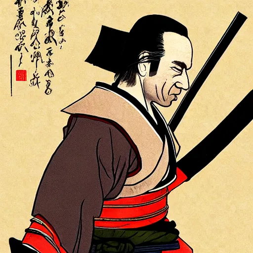 Image similar to saul goodman from breaking bad wearing samurai armor and holding a katana in feudal japan, 4 k, hyper realistic, ink block painting, edo period