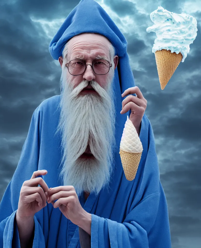 Prompt: hyper realistic matte painting of an ancient wizard in blue robes with a long white beard as he is resting inside of a giant empty ice cream cone, the wizard is looking out from the top, extremely detailed, photorealistic, octane render, 4 k, 8 k