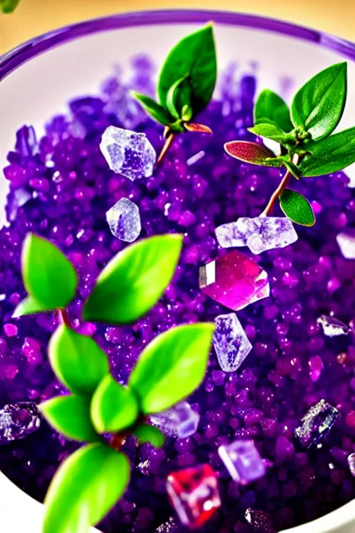 Image similar to crystals shaped like exotic berry shrubbery, potted plant made of gemstones