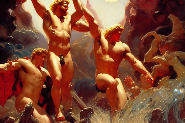 Image similar to zeus banishes ares from olympus, painting by gaston bussiere, craig mullins, j. c. leyendecker, tom of finland