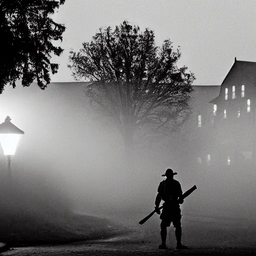 Prompt: a small village at night time, orange glowing light filters out through the windows of the houses and a thin mist has settled around then, a lone guard stands watch armed with a spear and a flaming torch, dramatic, dark moody lighting, high quality