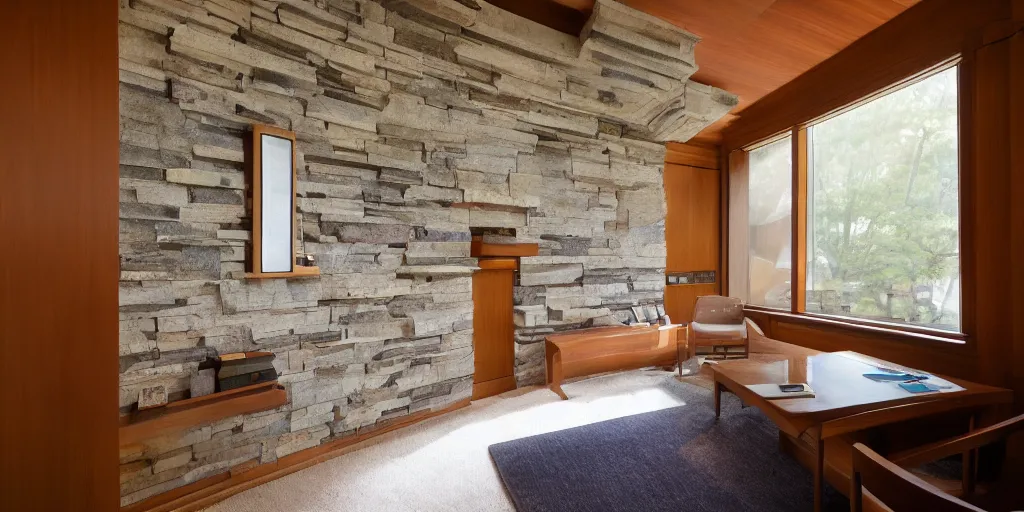 Image similar to interior of a small frank lloyd wright apartment with award winning stone work wall, photo