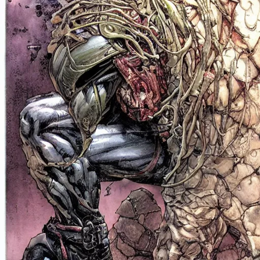 Image similar to by Simon Bisley, a cybernetically enhanced man on steroids growing out of an organic wall made of sinew and flesh