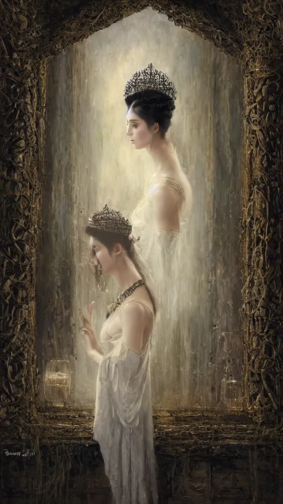 Image similar to secret view from behind wide mirror of a beautiful black haired woman with pale skin and a crown on her head sitted on an intricate metal throne, very deep stillness atmosphere, silence, dimension of still moment, spiritual feeling, digital art, by daniel ridgway knight