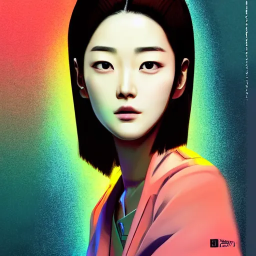 Prompt: half - electric jun ji hyun with cute - fine - face, pretty face, oil slick multicolored hair, perfect face, extremely fine details, volumetric lighting, dynamic background, poster by ilya kuvshinov katsuhiro otomo