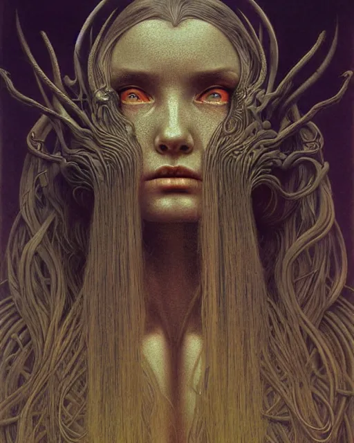 Image similar to a 3/4 view of a Norse goddess highly detailed, digital art, in the style of Ayami Kojima, Zdzislaw Beksinski, H. R. Giger