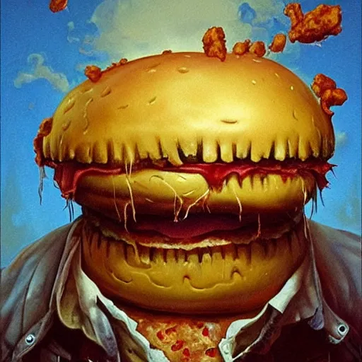 Prompt: portrait of jason vorhees being eaten by a giant hamburger. painting by karol bak, greg hildebrandt, and mark brooks, hauntingly surreal, gothic, horrifying fear.