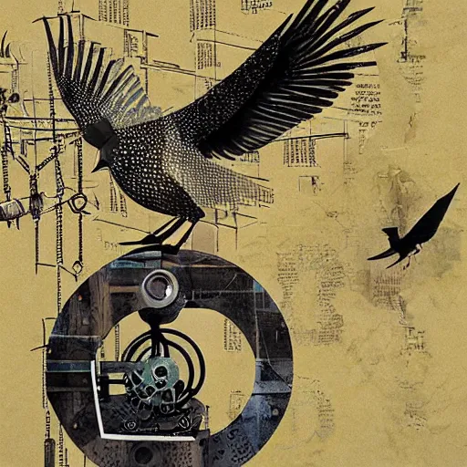 Prompt: a mechanical bird wanders between the virtual realms of urban informatics and computational social science, collage artwork by dave mckean and ivan shishkin and james jean