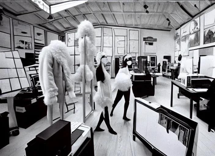 Prompt: realistic photo of the people wearing wooden masks, white fluffy cotton shorts, polished and fancy, standing in the wooden room full of wooden computers. displays are shiny, michelangelo antonioni film move still 1 9 9 0, life magazine reportage photo