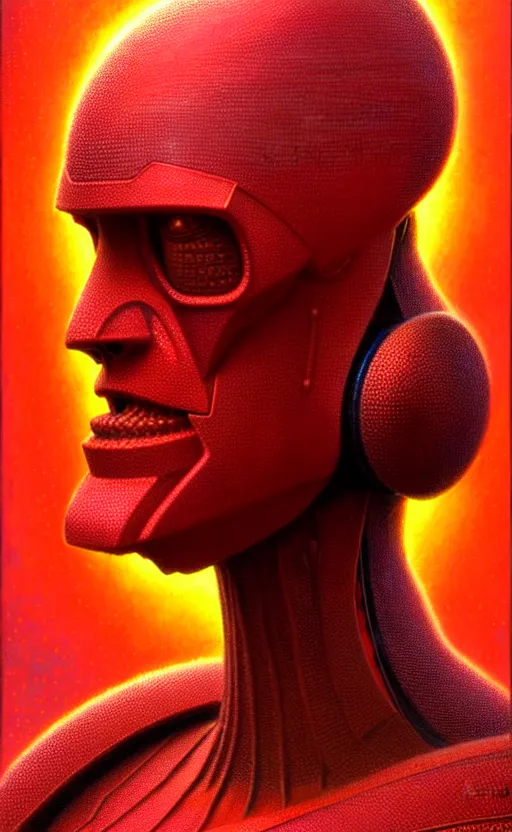 Prompt: friendly humanoid fire robot, award winning, portrait bust, symmetry, faded red colors, cypherpunk background, tim hildebrandt, wayne barlowe, bruce pennington, donato giancola, larry elmore, masterpiece, trending on artstation, cinematic composition, beautiful lighting, hyper detailed!!!, 8 k, oil on canvas