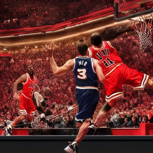 Image similar to hyperrealistic mixed media high resolution painting of Danny DeVito slam dunk Chicago bulls, stunning 3d render inspired art by István Sándorfi and Greg Rutkowski and Unreal Engine, perfect facial symmetry, dim volumetric lighting, 8k octane beautifully detailed render, full body shot, post-processing, extremely hyper-detailed, intricate, epic composition, highly detailed attributes, highly detailed atmosphere, cinematic lighting, masterpiece, trending on artstation, very very detailed, masterpiece, stunning, flawless completion, lifelike texture, perfection,