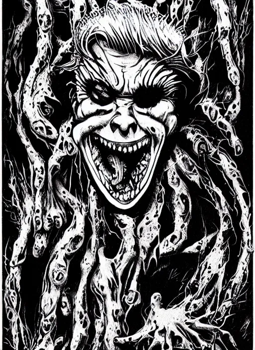 Prompt: Donald Trump's disgusting true form on a 1990s horror movie poster, inking, vintage 90s print, detailed, scary, horror, screen print, trending on artstation