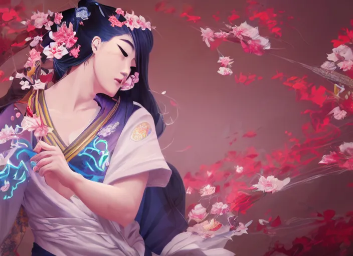 Image similar to character concept art of a girl wearing japanese kimono surrounded by spirit blossoms, wonderful shading, realistic face, concept art, dynamic pose, digital illustration, trending on artstation, intricate details, epic composition, sharp focus, 8 k uhd, masterpiece, league of legends splash art