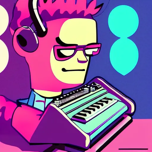 Image similar to a cartoon of a man holding a pink keyboard, cyberpunk art by Jamie Hewlett, tumblr contest winner, funk art, synthwave, retrowave, vaporwave