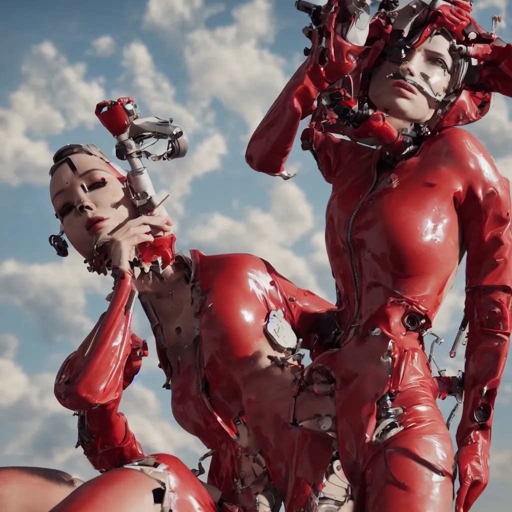 Image similar to a beautiful female cyborg is wearing a worn and ripped red latex jumpsuit, smoking a cigarette, as her mechanical body is slowly shutting down, and she is facing the end of her existence. hyper realistic, octane render, 8 k resolution, full profile, epic angle