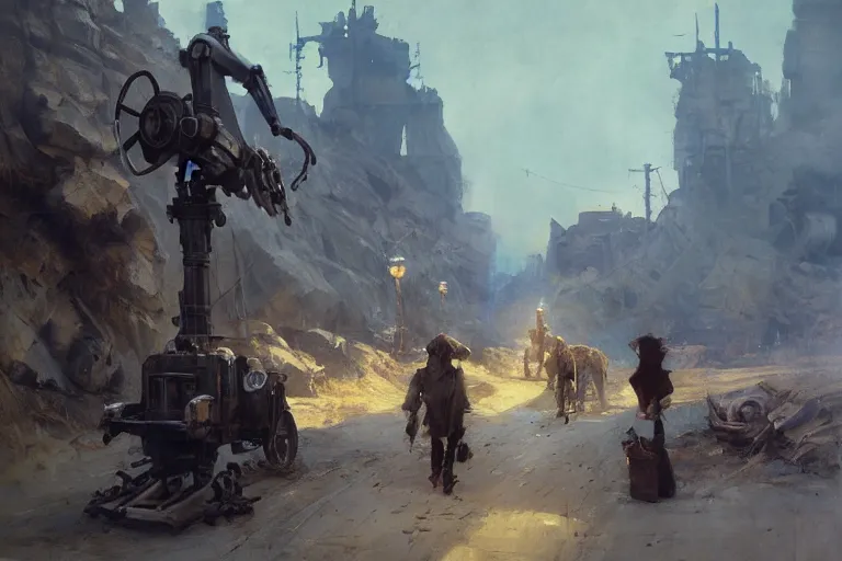 Image similar to oil painting of old rugged mechanical robot lizard in dusty wild west street, art by anders zorn, wonderful masterpiece by greg rutkowski, beautiful cinematic light, american romanticism by greg manchess, jessica rossier